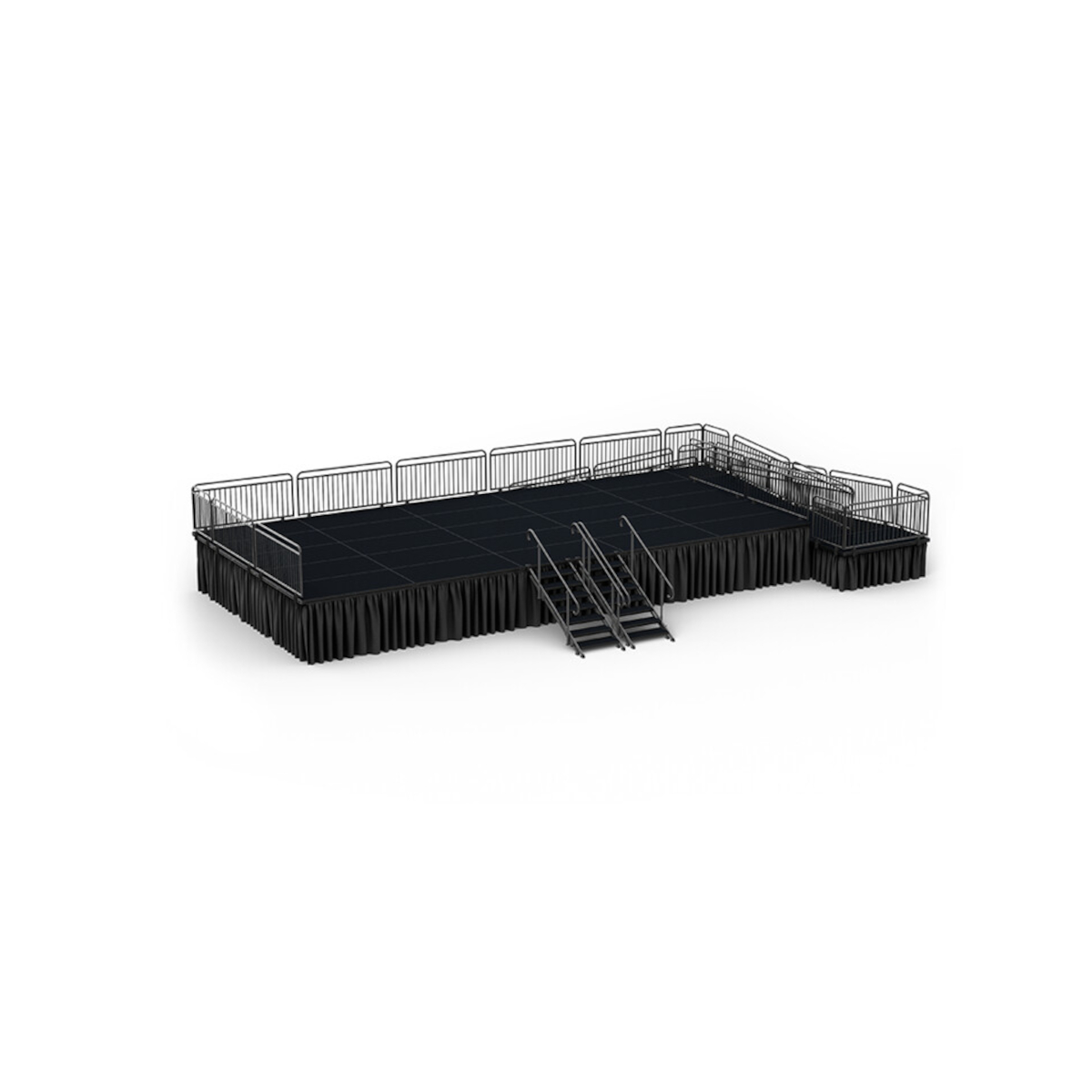 40x20 ft portable stage platform fully skirted with black fabric and safety railings