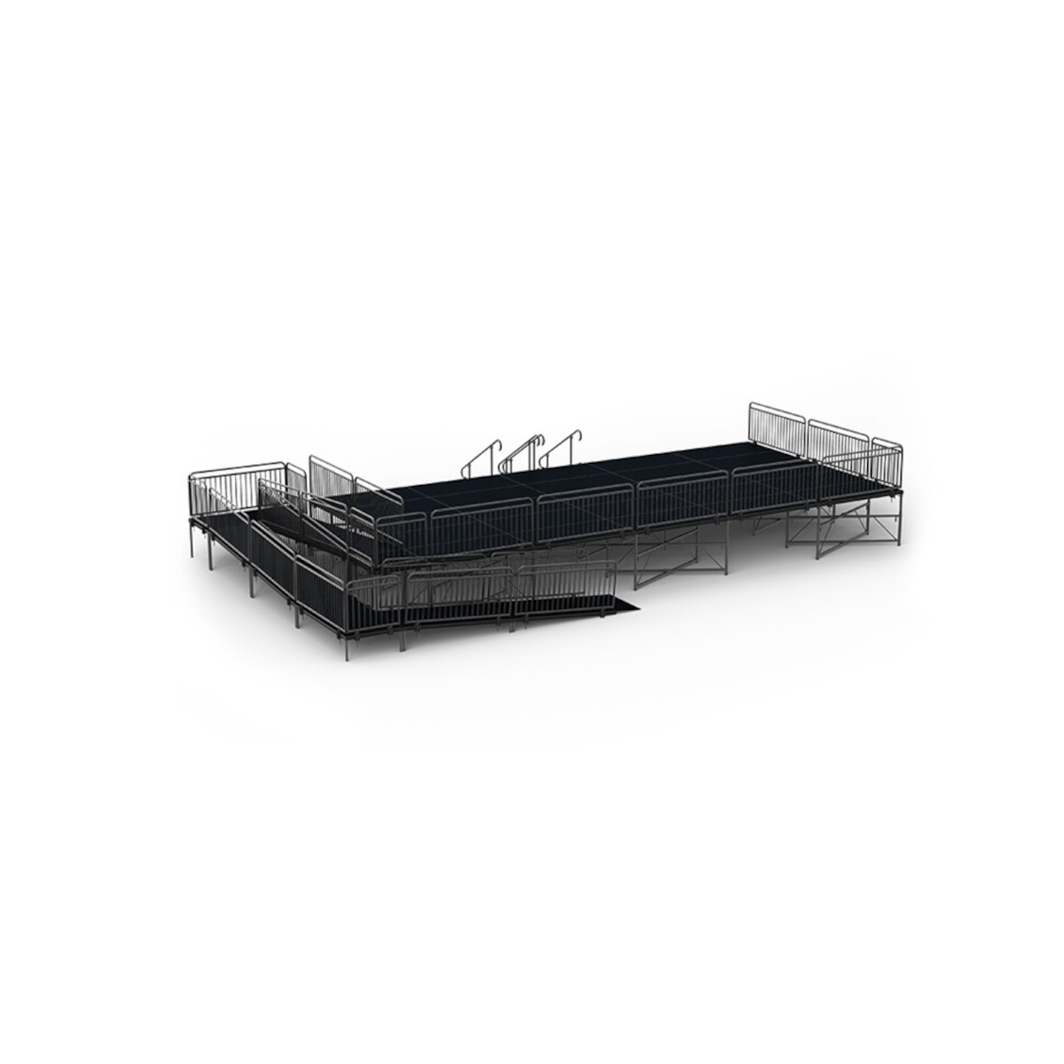 Portable stage with ADA-compliant ramp, dual railings, and mid-size 40x20 ft platform