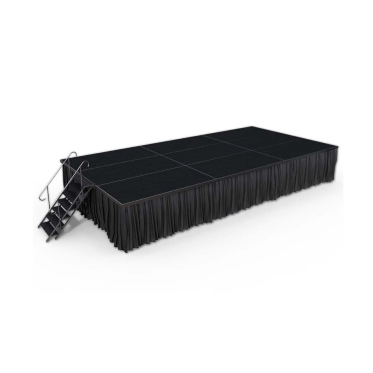 Stage Skirting – 16" Black Velour | MOJO Rental North America 16-inch black velour stage skirting on portable stage with stairs – conceals platform legs and adds polished appearance